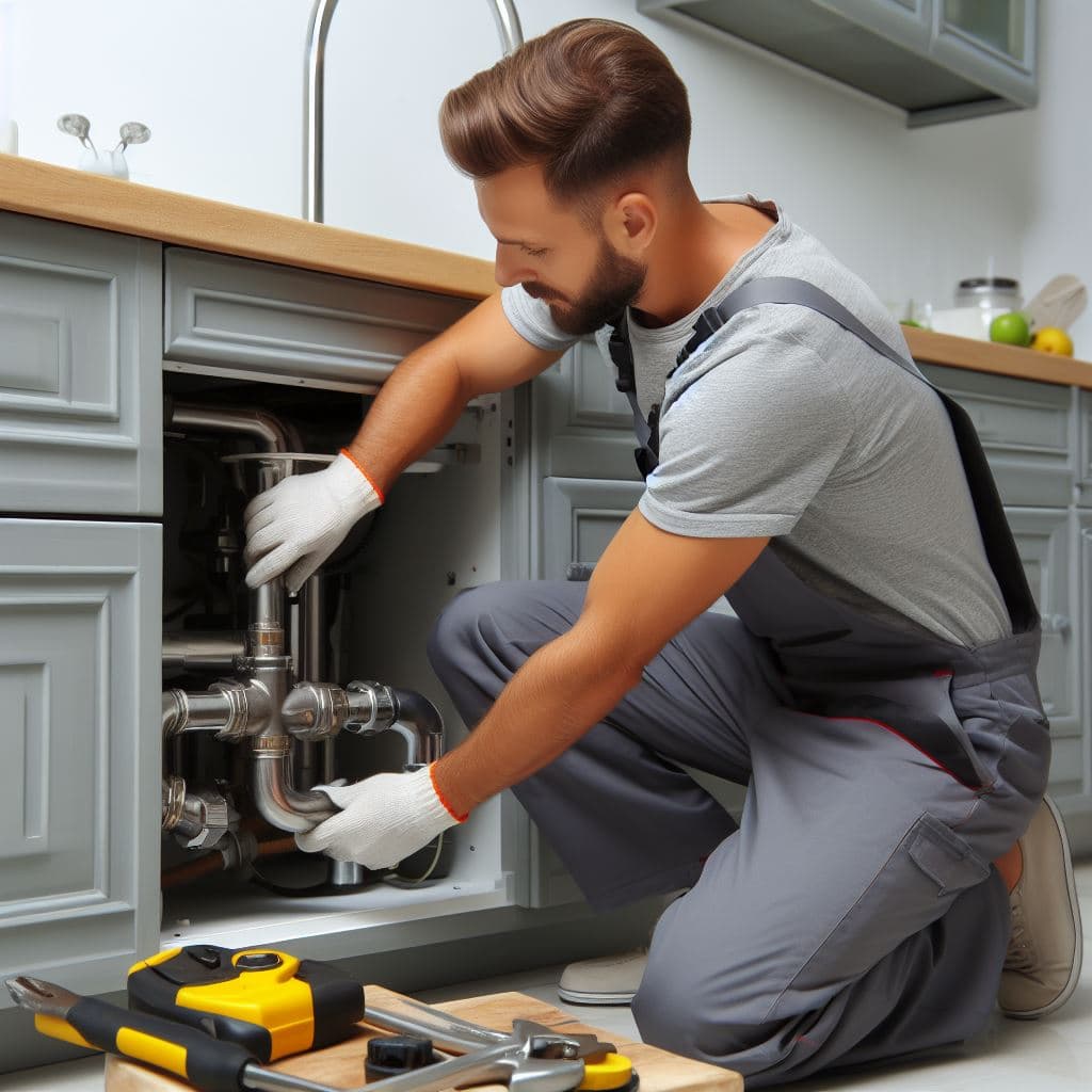 Plumber fixing kitchen pipe system