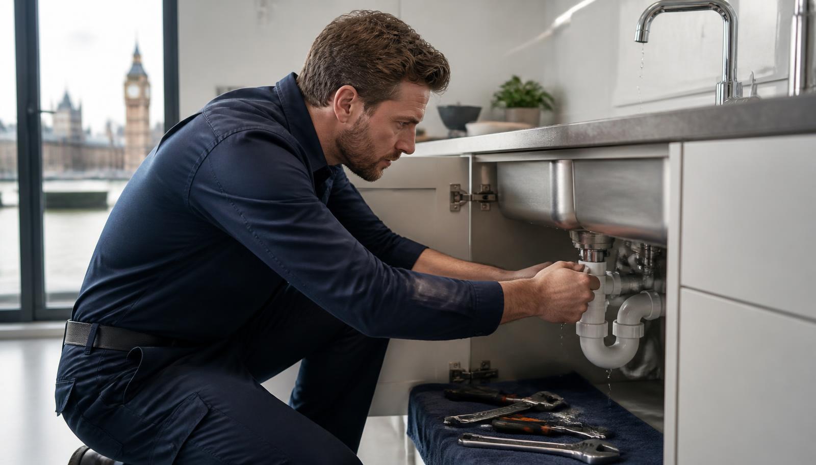 Plumber repairing pipework in a Ealing home