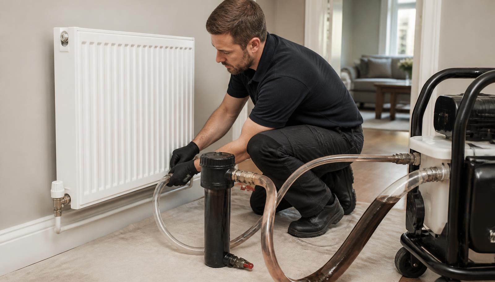 Engineer power flushing a central heating radiator in Ealing